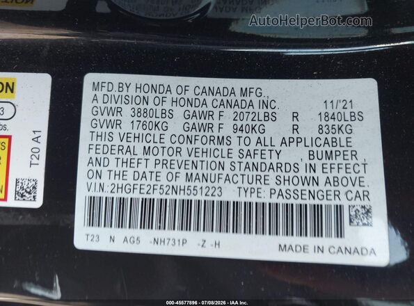 2HGFE2F52NH551223 2022 HONDA CIVIC Black ძრავის განყოფილების ხედი