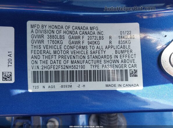 2HGFE2F52NH562190 2022 HONDA CIVIC Blue Engine compartment view