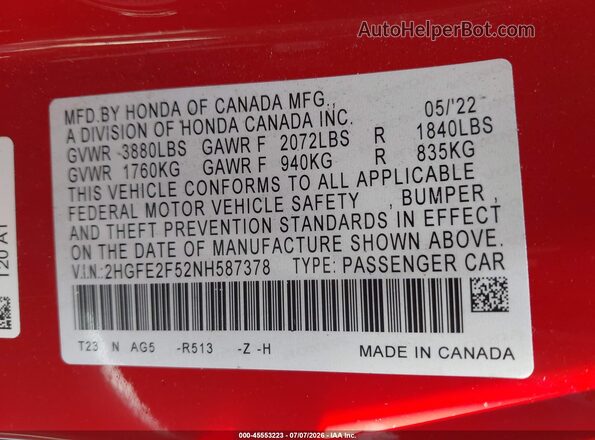 2HGFE2F52NH587378 2022 HONDA CIVIC Красный Вид подкапотного пространства