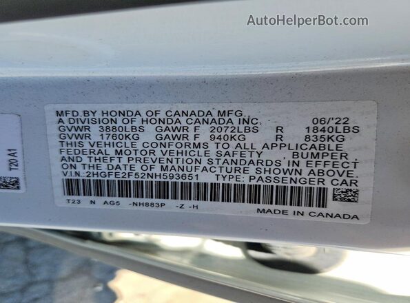 2HGFE2F52NH593651 2022 HONDA CIVIC White Вид наклейки з VIN-кодом