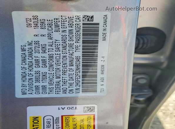 2HGFE2F52NH603465 2022 HONDA CIVIC Серебряный Вид подкапотного пространства