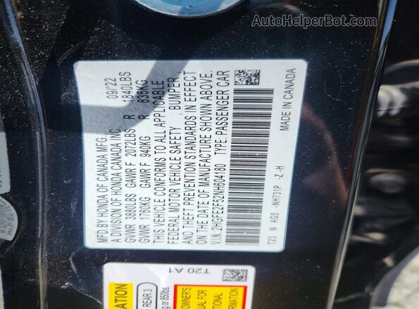 2HGFE2F52NH604180 2022 HONDA CIVIC Black Вид підкапотного простору
