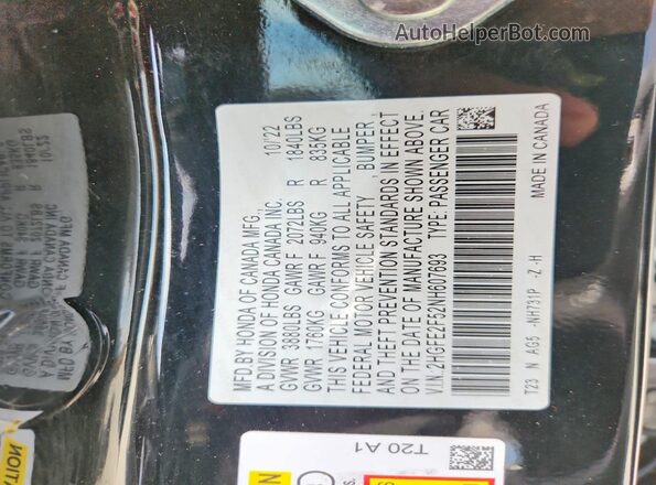 2HGFE2F52NH607693 2022 HONDA CIVIC Black Вид наклейки з VIN-кодом