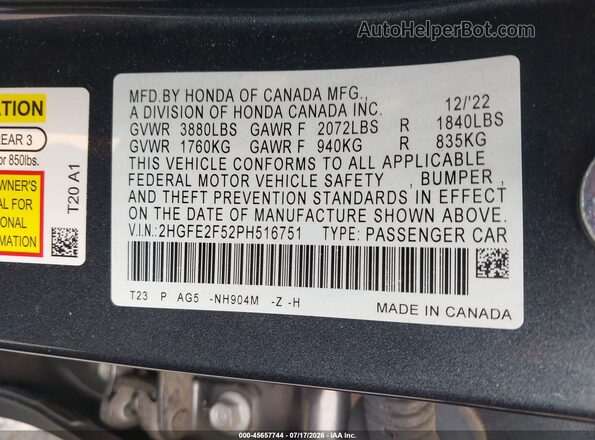 2HGFE2F52PH516751 2023 HONDA CIVIC Gray ძრავის განყოფილების ხედი