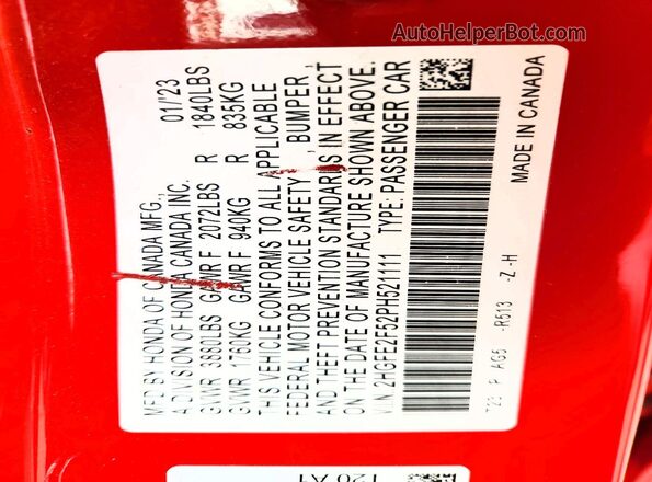 2HGFE2F52PH521111 2023 HONDA CIVIC Red VIN sticker view