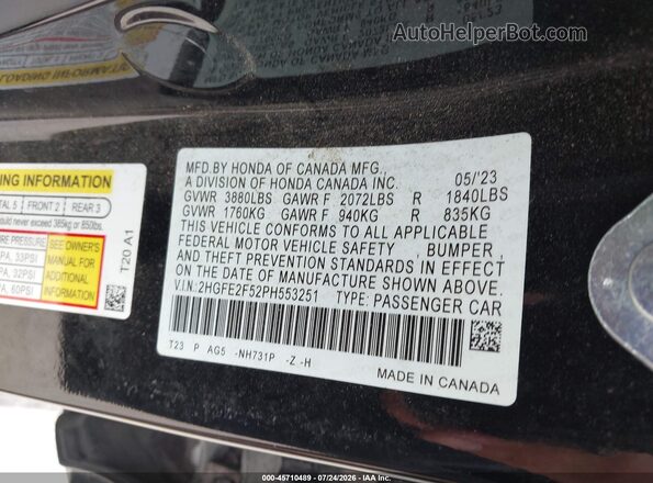 2HGFE2F52PH553251 2023 HONDA CIVIC Black Engine compartment view