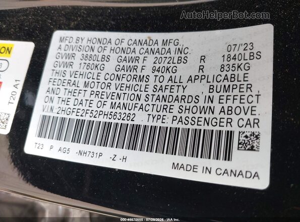 2HGFE2F52PH563262 2023 HONDA CIVIC Black Engine compartment view