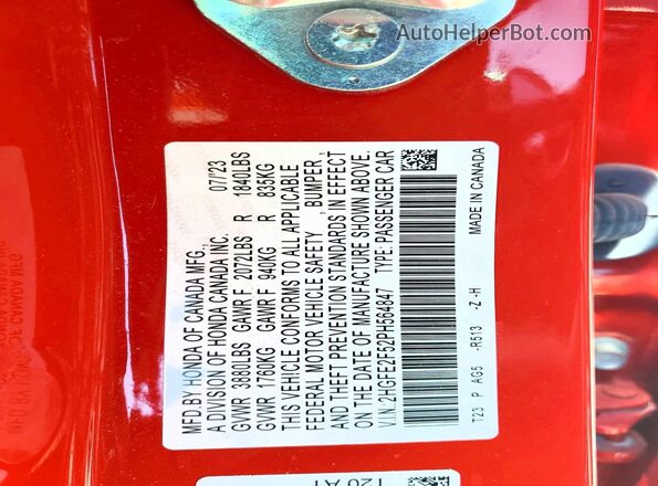 2HGFE2F52PH564847 2023 HONDA CIVIC Red Շարժիչի բաժամունքի տեսք