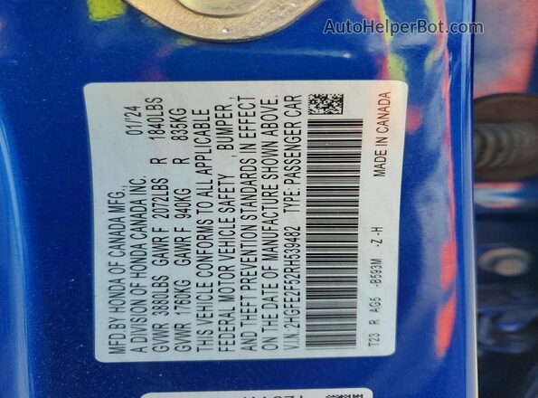 2HGFE2F52RH539482 2024 HONDA CIVIC Синий Вид подкапотного пространства