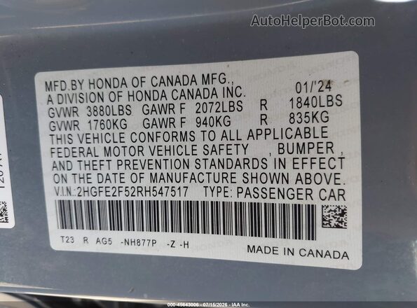 2HGFE2F52RH547517 2024 HONDA CIVIC Gray Շարժիչի բաժամունքի տեսք