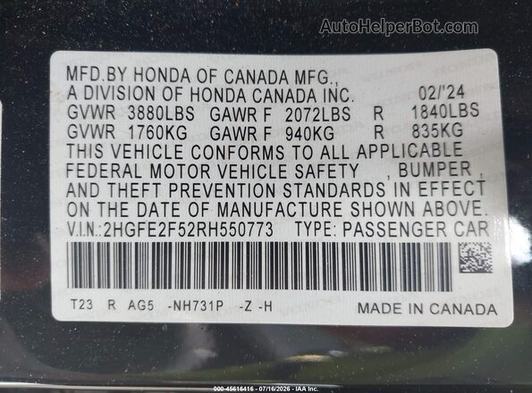2HGFE2F52RH550773 2024 HONDA CIVIC Black Շարժիչի բաժամունքի տեսք