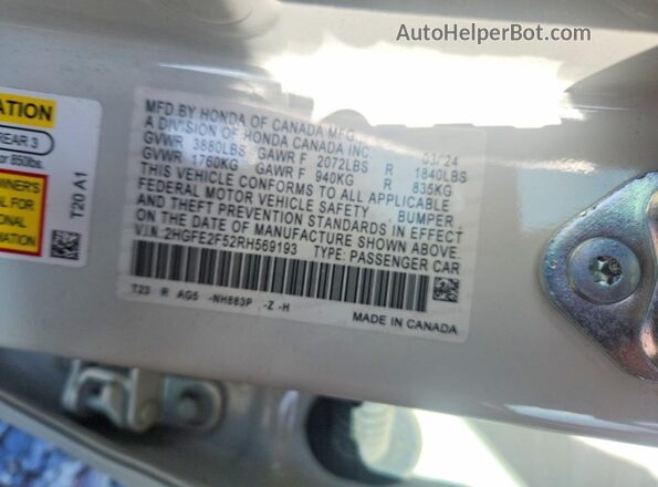 2HGFE2F52RH569193 2024 HONDA CIVIC White Vista del compartimento del motor
