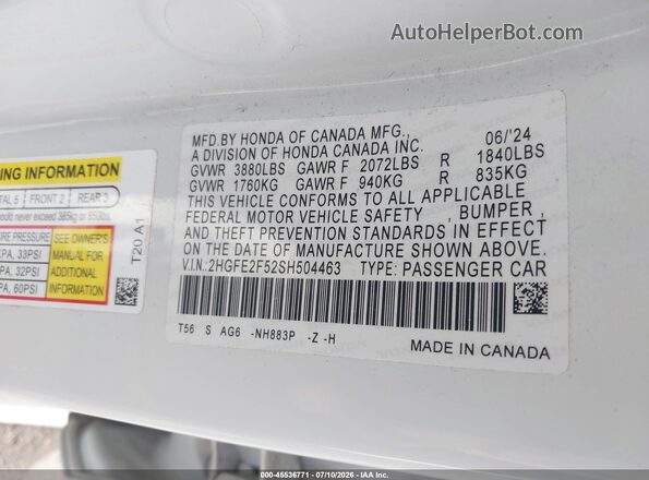 2HGFE2F52SH504463 2025 HONDA CIVIC White Շարժիչի բաժամունքի տեսք