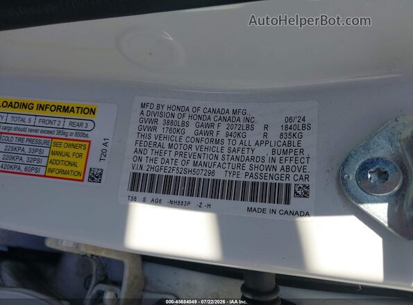 2HGFE2F52SH507296 2025 HONDA CIVIC White Вид підкапотного простору