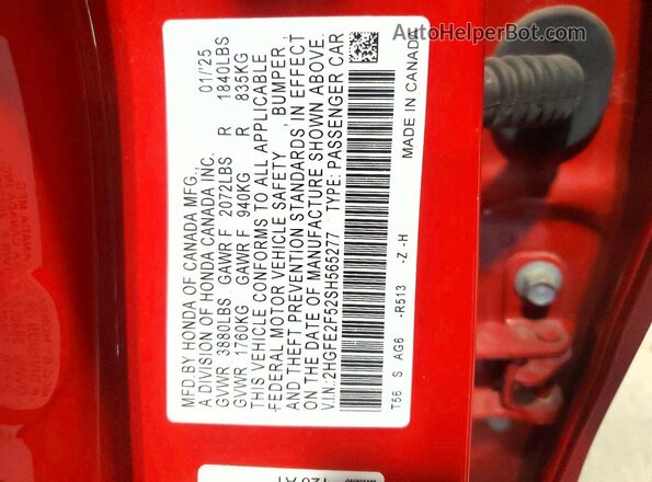 2HGFE2F52SH565277 2025 HONDA CIVIC Red Engine compartment view