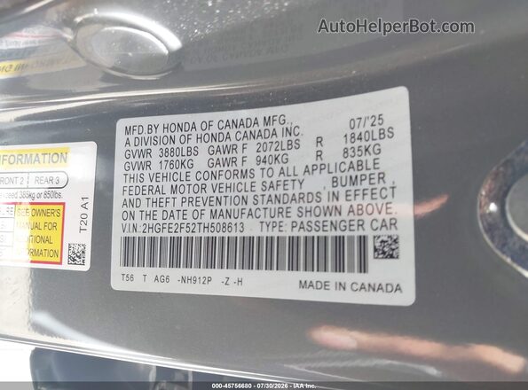 2HGFE2F52TH508613 2026 HONDA CIVIC Gray Շարժիչի բաժամունքի տեսք