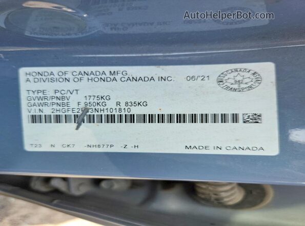 2HGFE2F53NH101810 2022 HONDA CIVIC Gray VIN კოდის სტიკერის ხედი
