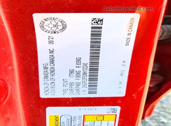 2HGFE2F53NH102245 2022 HONDA CIVIC Red Вид наклейки з VIN-кодом