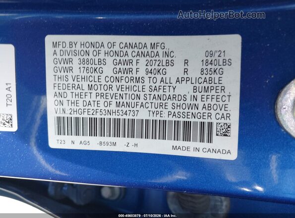 2HGFE2F53NH534737 2022 HONDA CIVIC Blue Вид підкапотного простору