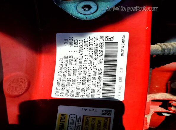 2HGFE2F53NH542224 2022 HONDA CIVIC Red ძრავის განყოფილების ხედი