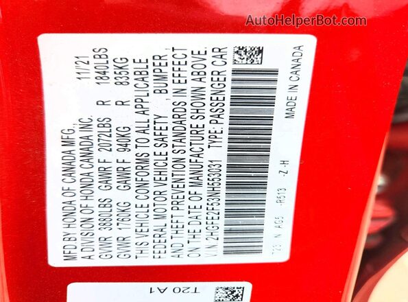 2HGFE2F53NH553031 2022 HONDA CIVIC Red Widok komory silnika