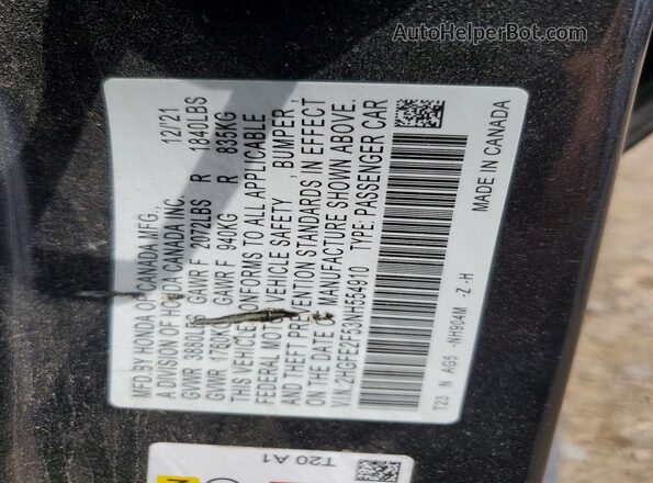 2HGFE2F53NH554910 2022 HONDA CIVIC Gray Widok komory silnika