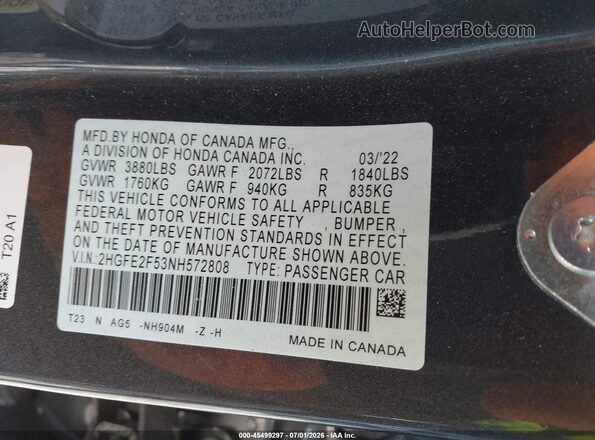 2HGFE2F53NH572808 2022 HONDA CIVIC Gray Widok komory silnika