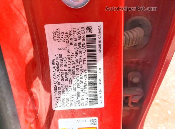2HGFE2F53NH597997 2022 HONDA CIVIC Red Engine compartment view
