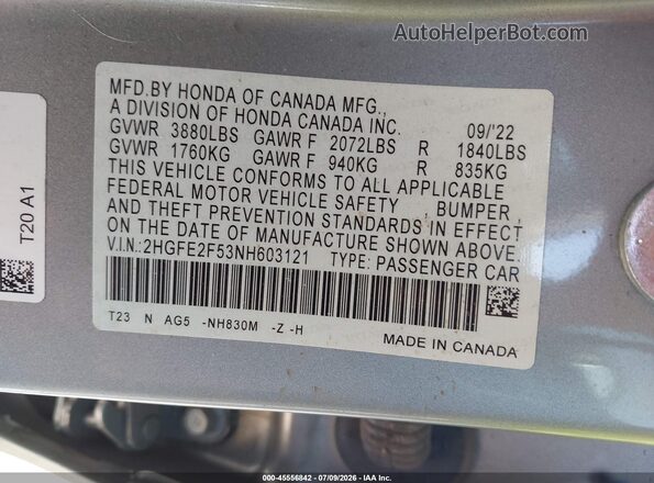 2HGFE2F53NH603121 2022 HONDA CIVIC Silver Engine compartment view