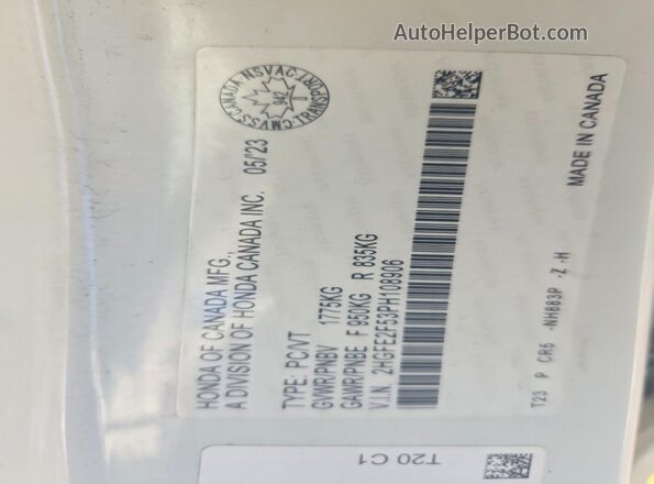 2HGFE2F53PH108906 2023 HONDA CIVIC Белый Вид наклейки с VIN-кодом