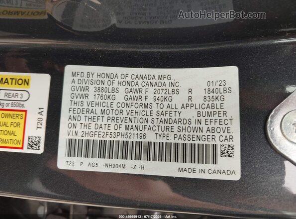 2HGFE2F53PH521196 2023 HONDA CIVIC Gray ძრავის განყოფილების ხედი