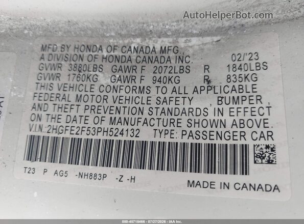 2HGFE2F53PH524132 2023 HONDA CIVIC White Widok komory silnika