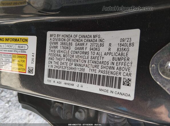 2HGFE2F53RH511268 2024 HONDA CIVIC Серый Вид подкапотного пространства