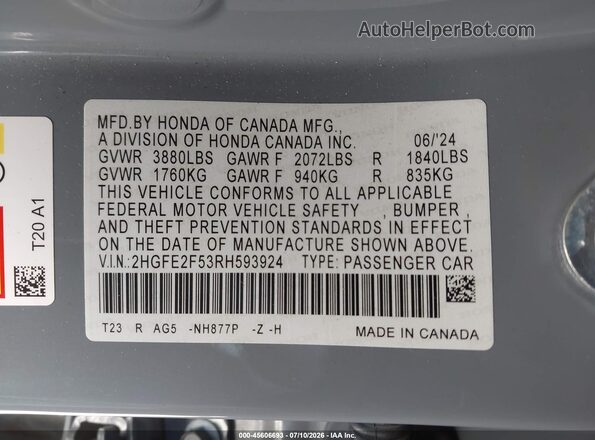 2HGFE2F53RH593924 2024 HONDA CIVIC Gray ძრავის განყოფილების ხედი