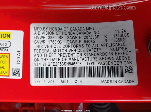 2HGFE2F53SH546298 2025 HONDA CIVIC Red Вид підкапотного простору