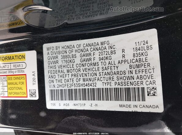 2HGFE2F53SH546432 2025 HONDA CIVIC Black Вид підкапотного простору