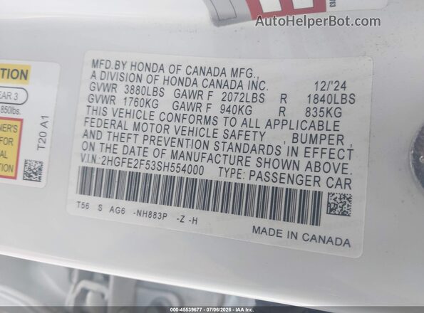 2HGFE2F53SH554000 2025 HONDA CIVIC White Vista del compartimento del motor