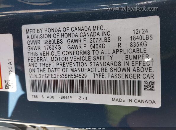 2HGFE2F53SH554529 2025 HONDA CIVIC Blue Вид підкапотного простору