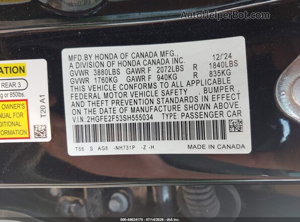 2HGFE2F53SH555034 2025 HONDA CIVIC Black Вид підкапотного простору