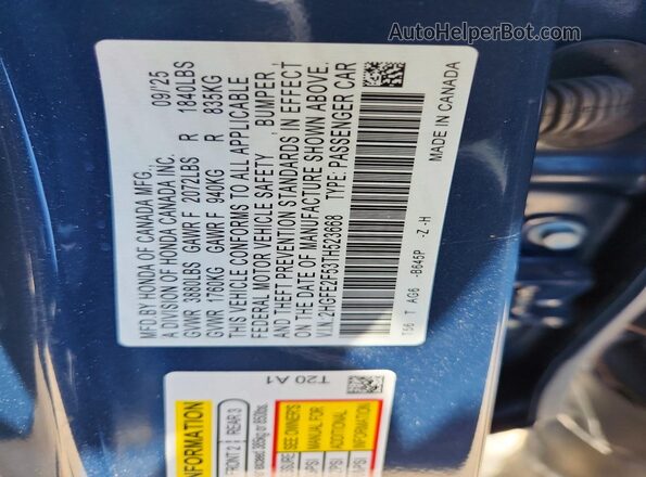 2HGFE2F53TH523668 2026 HONDA CIVIC Blue Vista de la etiqueta del VIN