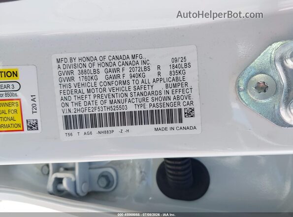 2HGFE2F53TH525503 2026 HONDA CIVIC Белый Вид подкапотного пространства