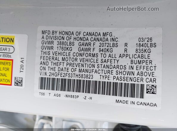 2HGFE2F53TH583823 2026 HONDA CIVIC White Vista del compartimento del motor