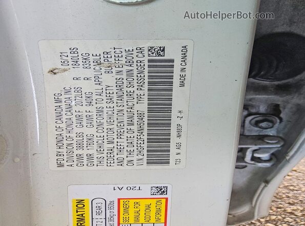 2HGFE2F54NH504887 2022 HONDA CIVIC White Շարժիչի բաժամունքի տեսք