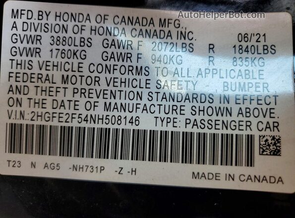 2HGFE2F54NH508146 2022 HONDA CIVIC Black Շարժիչի բաժամունքի տեսք