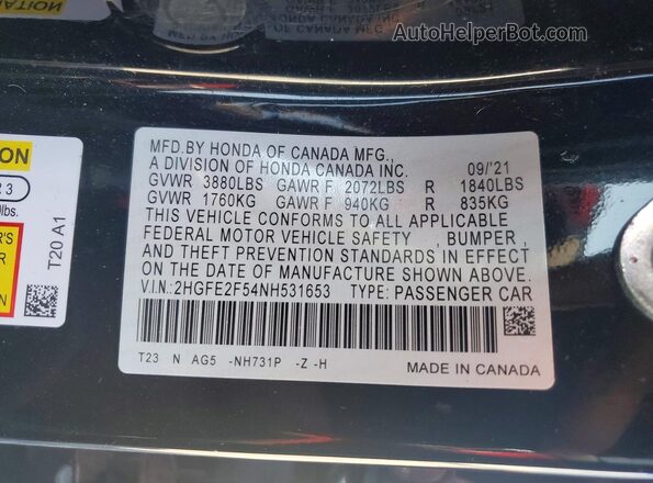 2HGFE2F54NH531653 2022 HONDA CIVIC Черный Вид подкапотного пространства