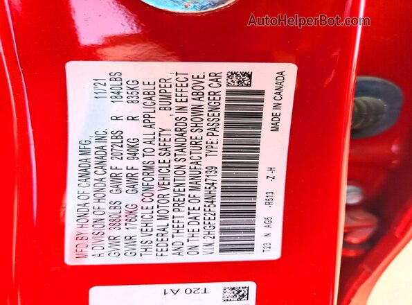 2HGFE2F54NH547139 2022 HONDA CIVIC Red Вид підкапотного простору
