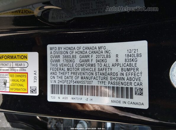 2HGFE2F54NH557007 2022 HONDA CIVIC Black Widok komory silnika