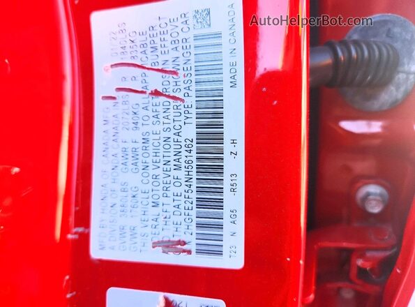 2HGFE2F54NH561462 2022 HONDA CIVIC Red Widok naklejki z numerem VIN