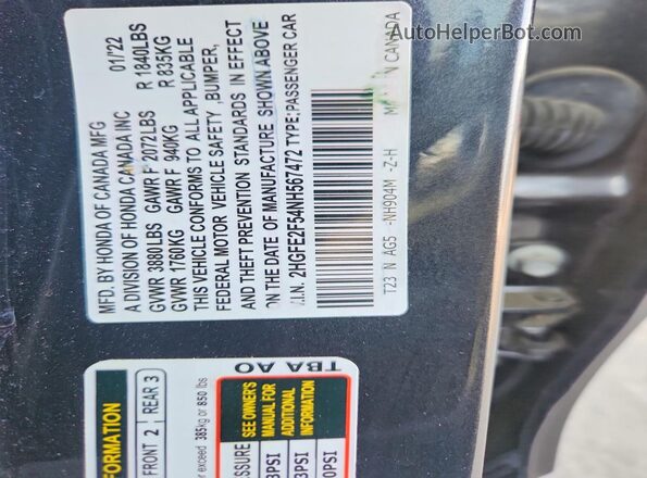 2HGFE2F54NH567472 2022 HONDA CIVIC Gray Vista del compartimento del motor