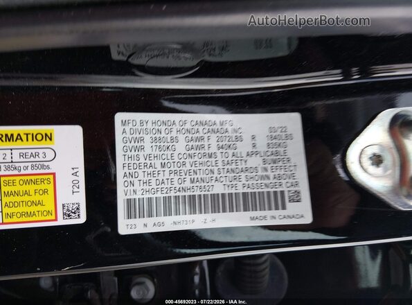 2HGFE2F54NH576527 2022 HONDA CIVIC Black Вид підкапотного простору